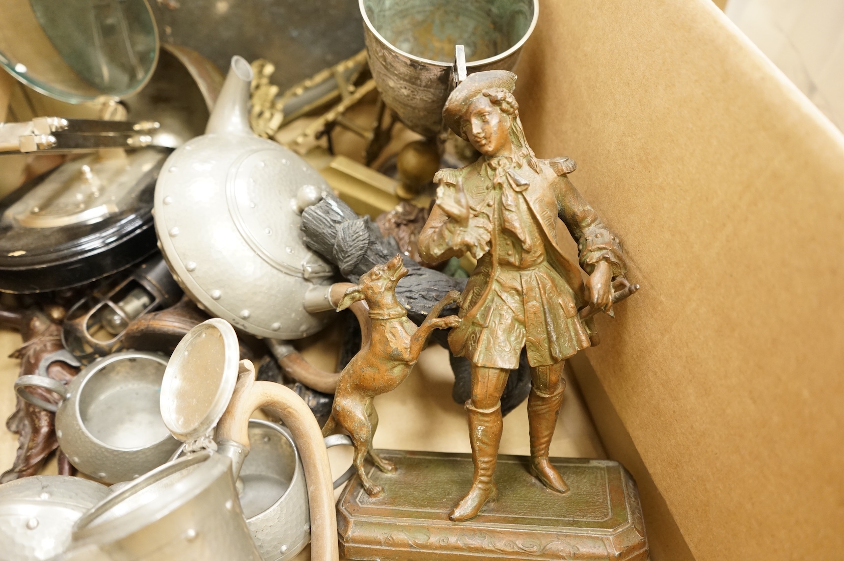 An Arts & Crafts pewter teaset and tray and a collection of mixed metalware